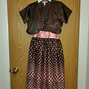 Girl Brown & Peach Polka Dot Satin 2piece Dress with Jacket. Size 14 ½.